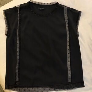 Chic Black Blouse with Sheer Polka Dot Trim